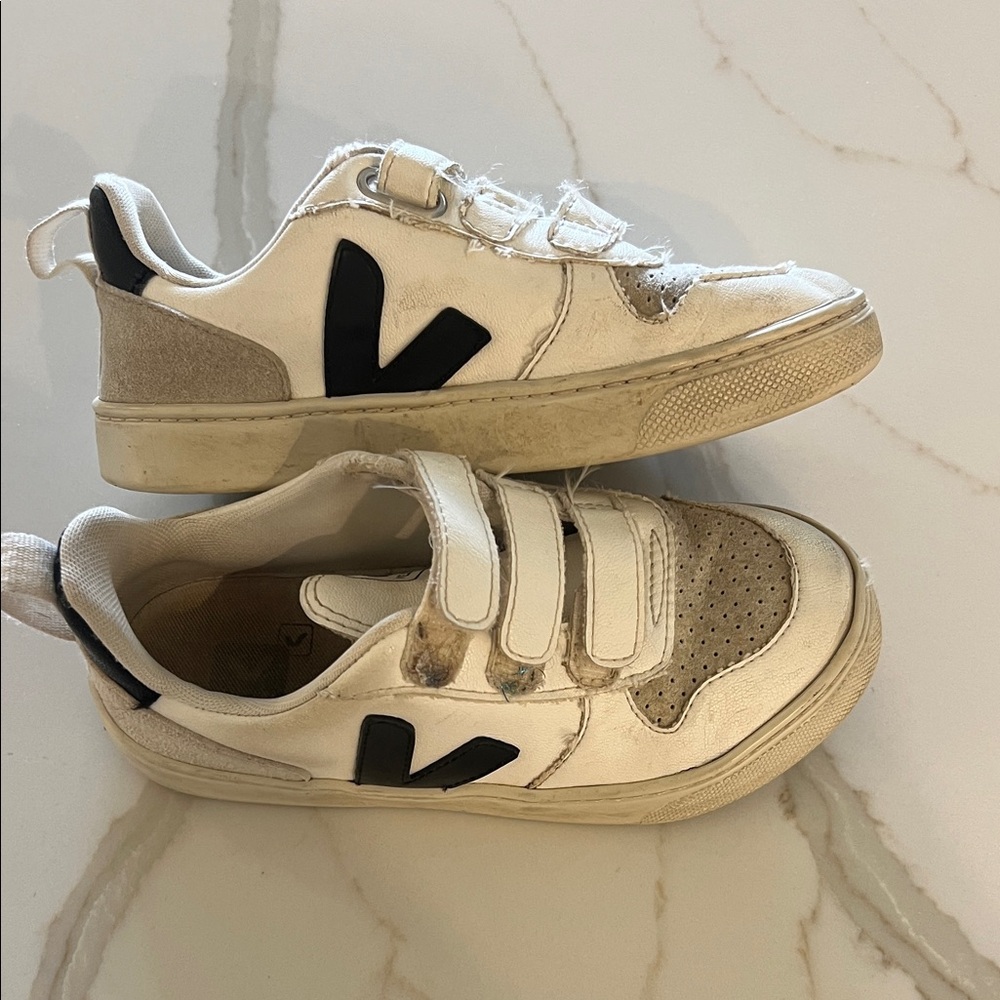 Veja Kids White Sneakers with Black V Logo Velcro